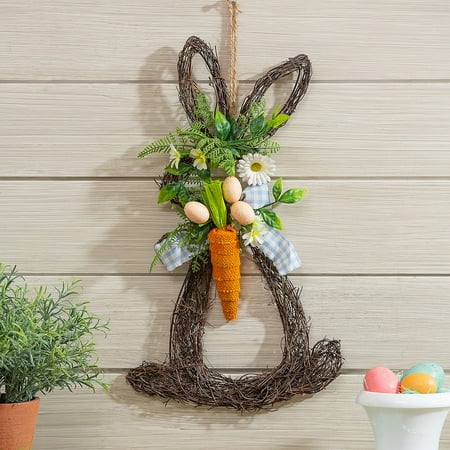 

18 Rattan Bunny with Plaid Bow and Carrot Embellishment Artificial Wall Decor