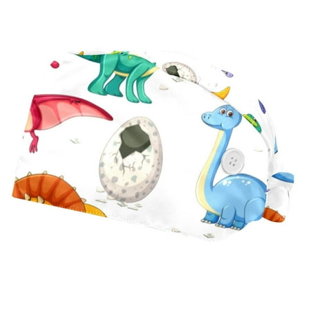 

2PCS Working Cap with Buttons and Sweatband Adjustable Tie Back Hats Bouffant Caps Dinosaur Scrub Turban Hat