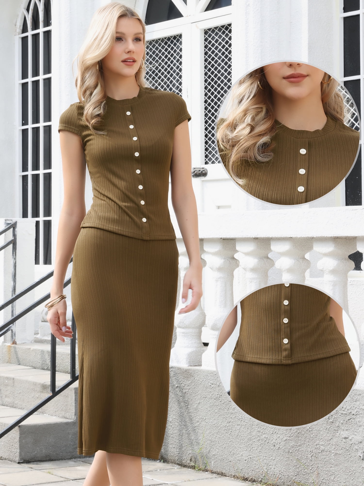 DARING DIVA Women's 2 Piece Outfits Cap Sleeve Tops Bodycon Midi Skirt Sets XS Brown