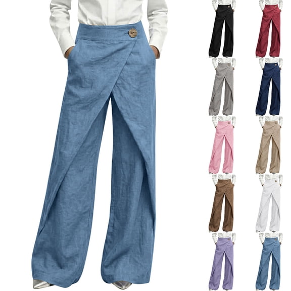 Women Plus Size Cotton Linen Wide Leg Pants High Waisted High Elastic Button Casual Straight Leg Pants