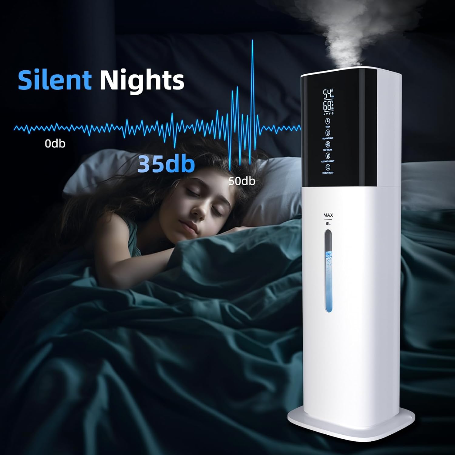 Humidifiers for Bedroom, 2.11Gal 8L Quiet Humidifiers for Large Room with Timer, 360°Nozzle, 3 Speed Ultrasonic Cool Mist Humidifier with Humidistat for Baby Home Adults Plants
