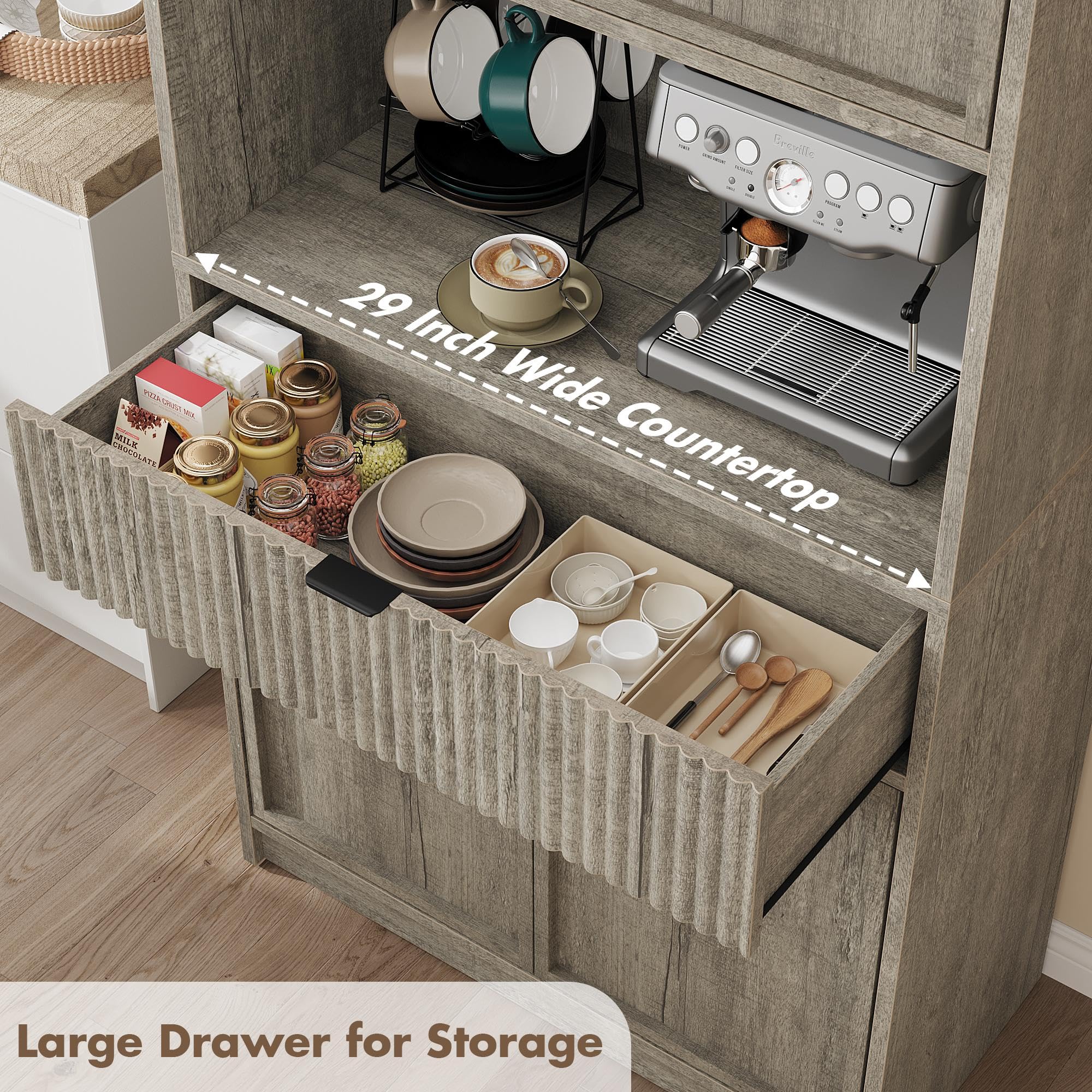 Huisuilinss Fluted Pantry Cabinet,Kitchen Pantry Cabinet,70" Tall Pantry Storage Cabinet With Countertop,Kitchen Hutch Cabinet With Doors And Drawer,Freestanding Cupboard For Dining Room Living Room