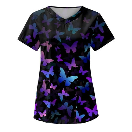 

UDAXB Womens Nursing Scrub Tops Valentine s Day Love Heart Printed Working Uniform Short Sleeve V-Neck Workwear Blouse T-shirt with Pockets