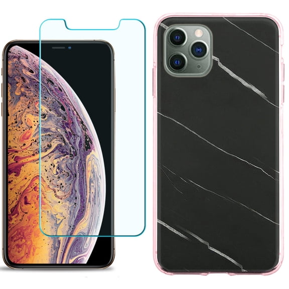 For Apple iPhone 11 PRO Case, Slim-Fit TPU Protective Phone Case (Pink Bezel) with Tempered Glass Screen Protector, by OneToughShield ® - Marble / Black