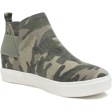 

Soda Flat Women Chelsea Shoes Slip On Canvas Suede Casual High Top Hidden Platform Sneakers White Sole Flatform Cushion Foam booties DIANA-G Camouflage Khaki 6.5