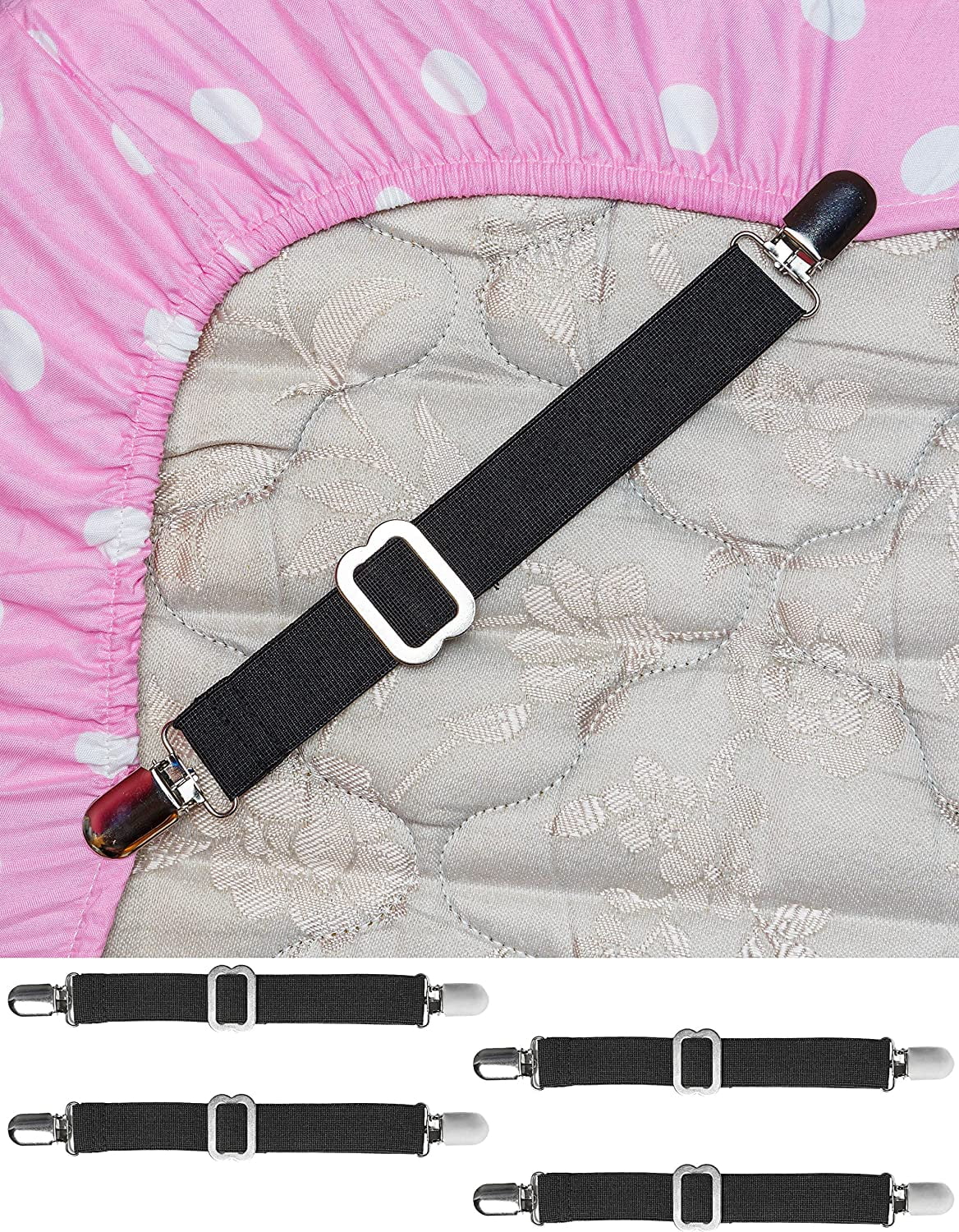 Clips 4PCS and Adjustable Bed Bands to Keep Sheets from Sliding Available in Twin and King Sizes Full Queen Sheet Straps with Heavy Duty Suspenders