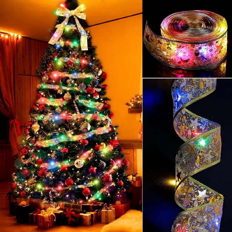 100 LED Battery-powered Christmas Tree, Christmas Tree With 32 Feet Of Ribbon, Golden Wire Ribbon, Christmas Tree Decorations, Christmas Ribbon Lights