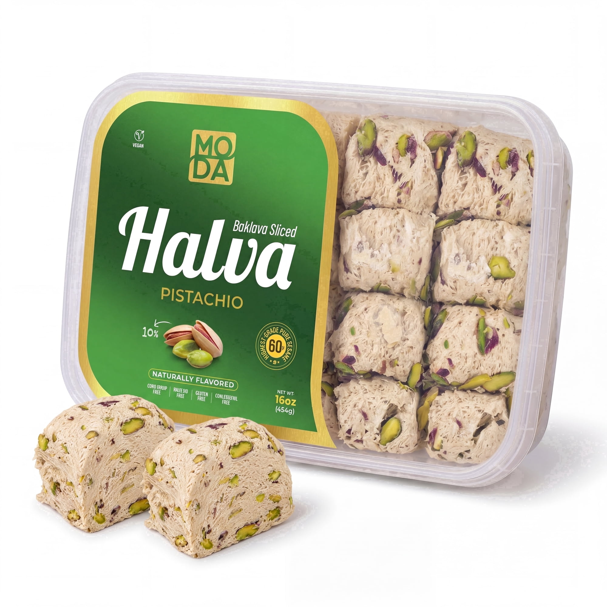Moda Foods Halva – 16oz (454g) Sliced Sesame Tahini Halva, Mediterranean Dessert, Vegan, Gluten-Free, Melt-in-Your-Mouth Sweet (Pistachio)