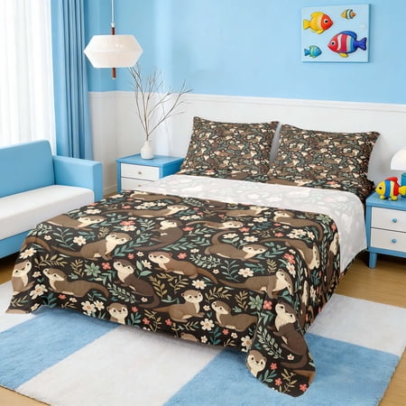 Manfei Vintage Otter Flower Full Size Sheets for Kids Boys and Girls Animal Print Bed Sheets 4-Piece 1 Flat Sheet 1 Fitted Sheet and 2 Pillowcases