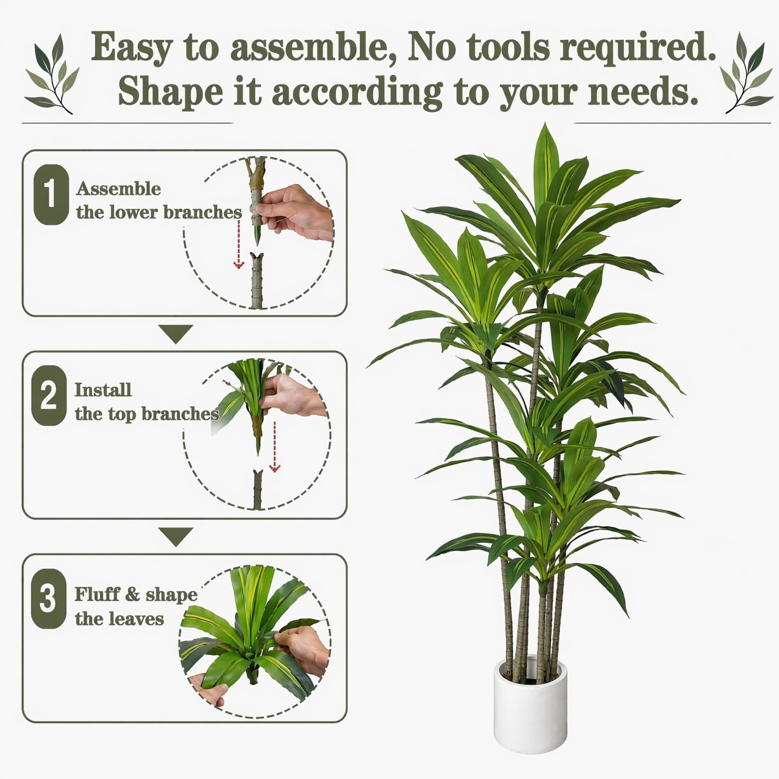 BEAUTYPEAK 6FT Artificial Dracaena Tree Fake Plants for Indoor Outdoor Decor, Upgraded White Pot