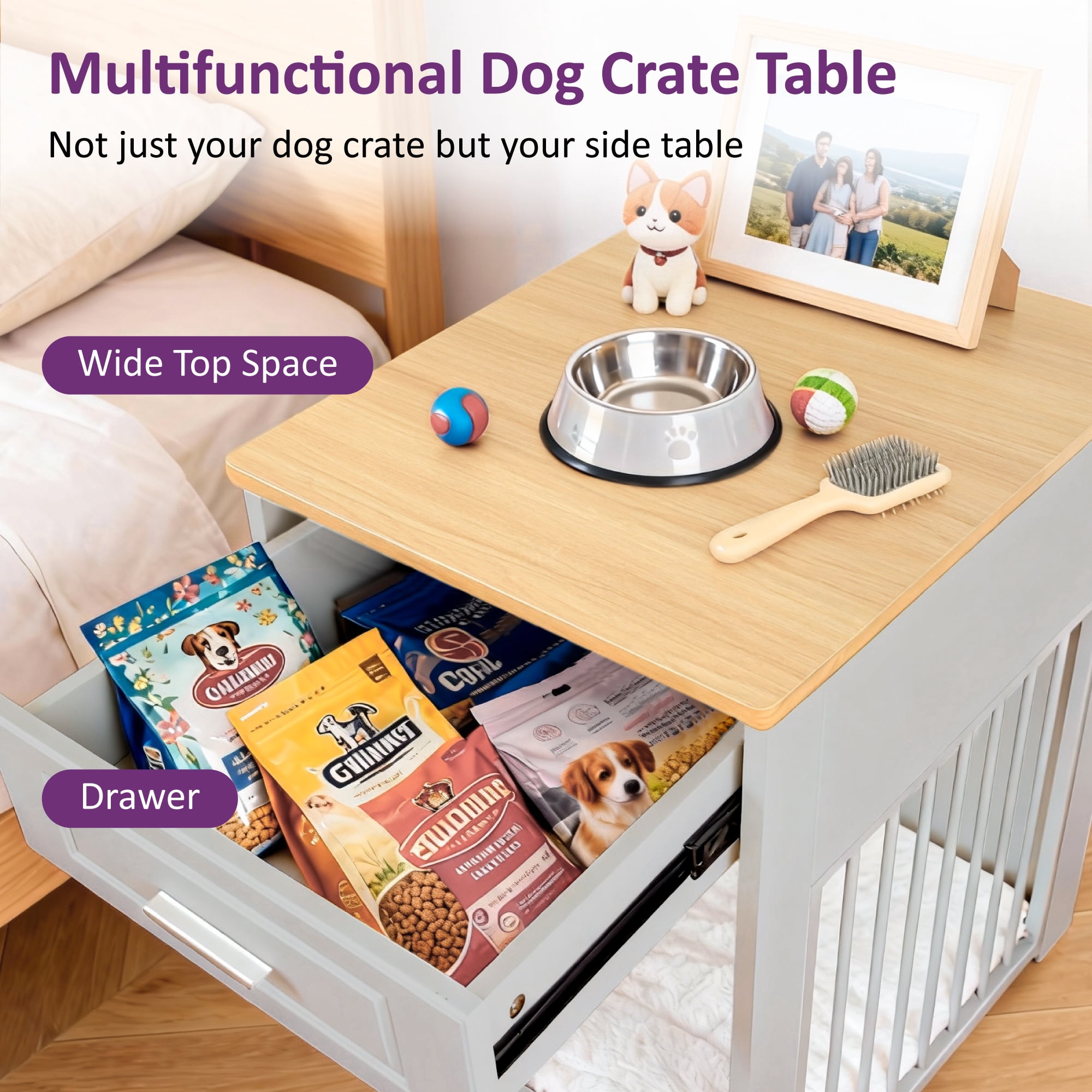 Whifea Farmhouse Wooden Dog Crate Furniture with Flip Up Door & Storage Drawer, 26''H×20''W×24''D, Indoor Pet Kennel for Medium Dogs, Gray