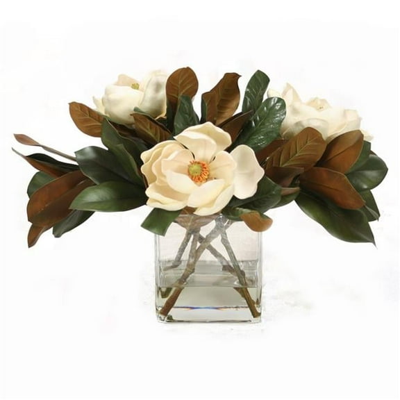 Disttive Designs 17293 Unisex Magnolia Blooms with Magnolia Foliage in Rectangle Glass Vase - White