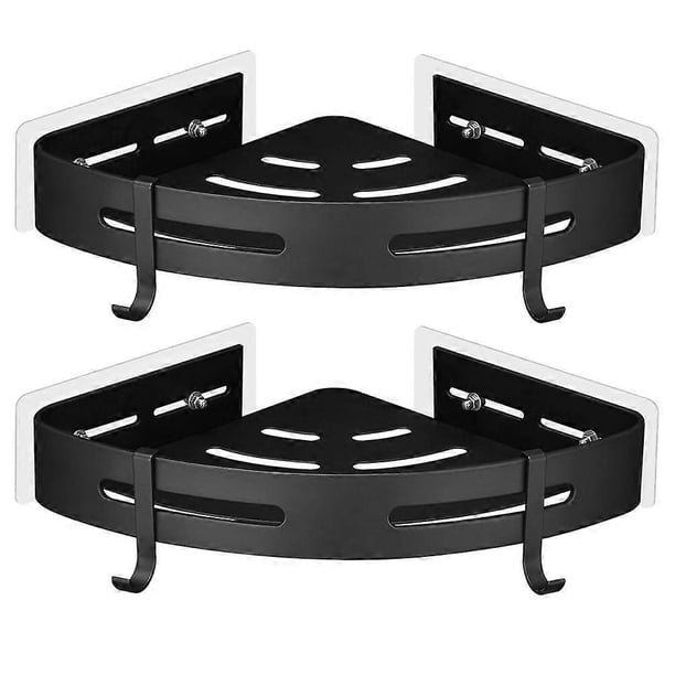(Black)2 Pcs No Drilling Metal Corner Shower Caddy with 2 Shower Hooks Rustproof Self Adhesive Holder for Bathroom Items