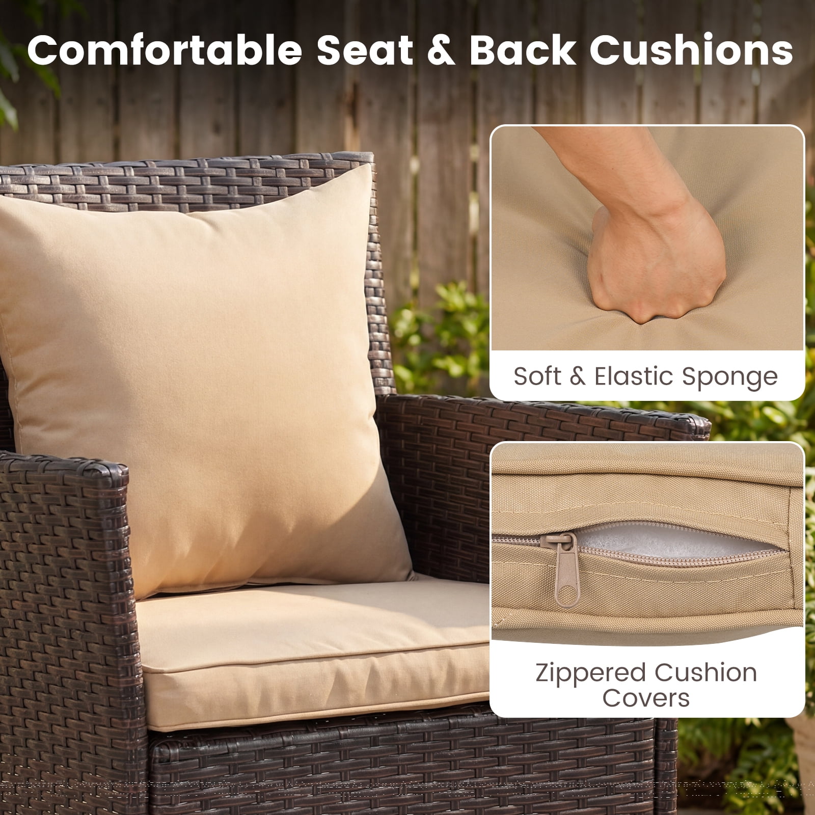 Costway 3PCS Patio Wicker Bistro Set, 2 Rattan Chairs with Double-Tier Tempered Glass Table Mix Brown+Beige
