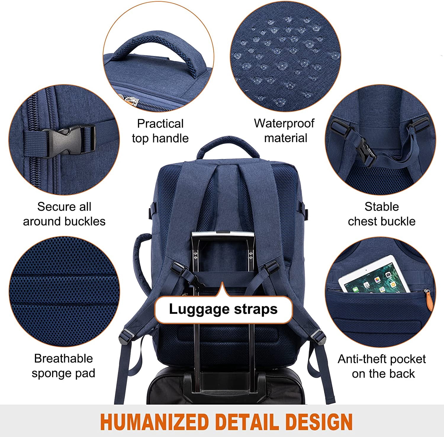 LOVEVOOK College School Backpack, 40L Expandable Carry On Luggage Backpack Flight Approved, Large Waterproof Hiking Outdoor Overnighter Bag for Men Women (Dark Blue)
