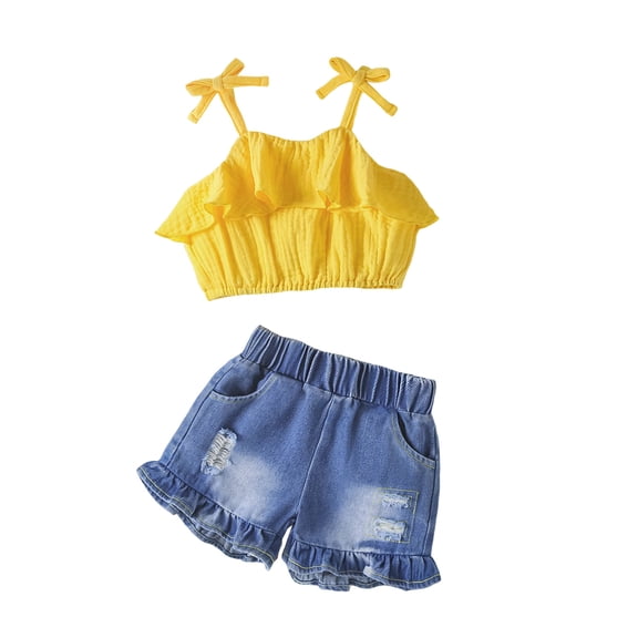 kpoplk Toddler Girl Outfits Baby Girl Summer Clothes Sleeveless Ruffle Dress Tops and Shorts Clothing Sets 12M-4Y Size 18-24 Months,Yellow