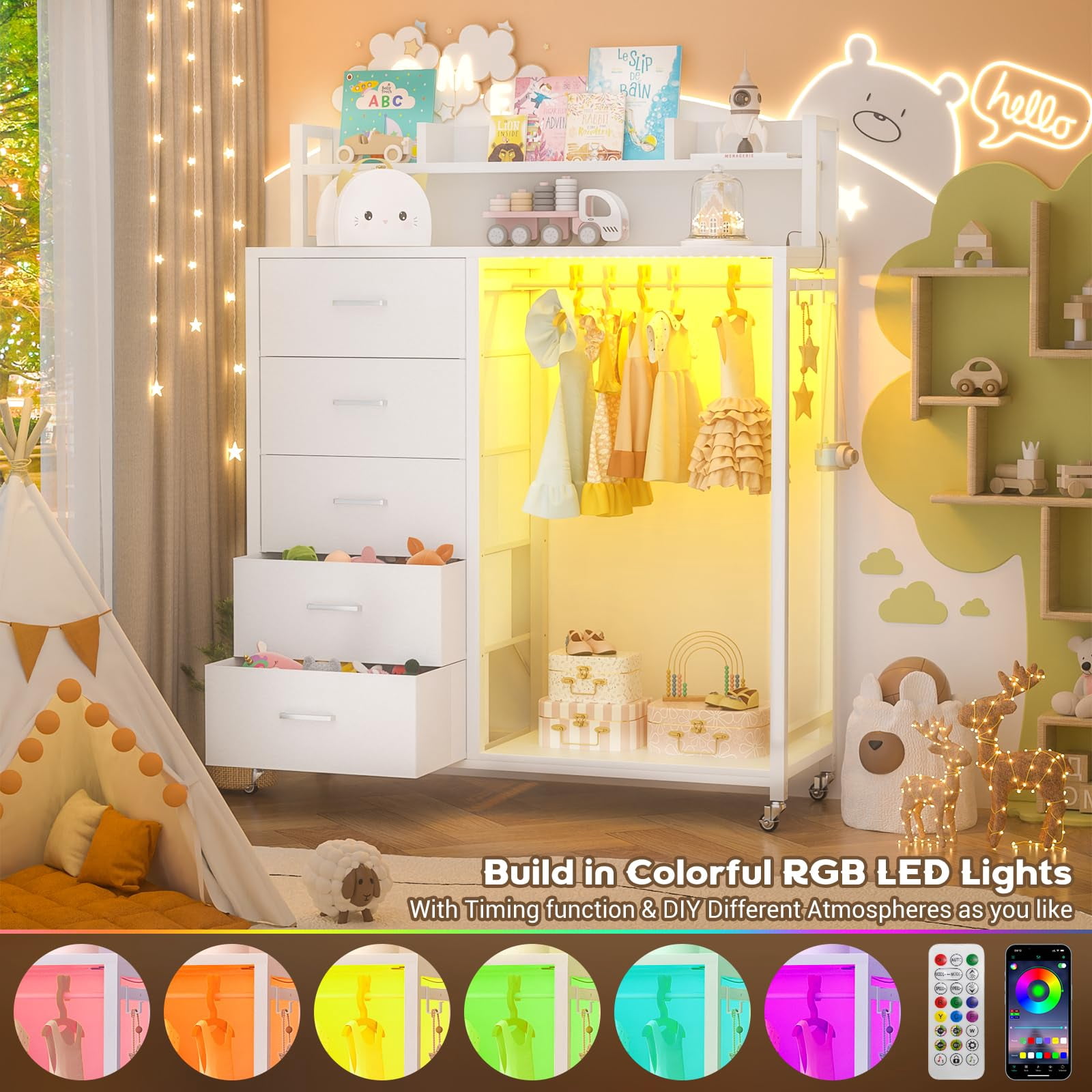 Aheaplus Dresser for Bedroom with Clothes Rack & Shelves, 5 Drawers Dresser with Charging Station & LED Lights, Chest of Drawers with Lockable Wheels, Storage Shelves, Bedroom, Entryway,White