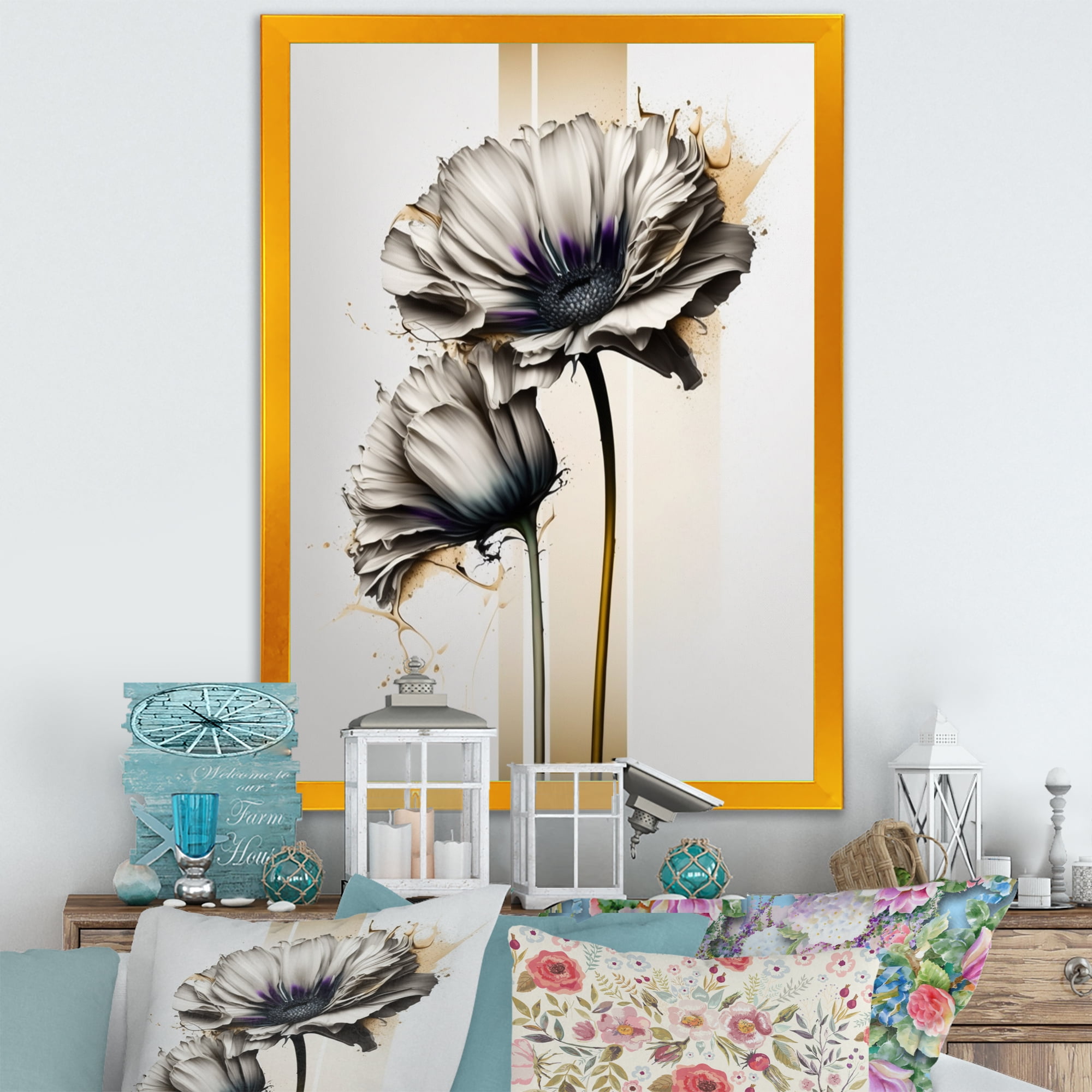 Designart 'White Gerbera Flower On Golden Beige Paint I' Canvas Wall Art