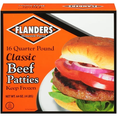 Flanders Homestyle Beef Patties, 16 Quarter Pound Classic Frozen Beef Patties, 64 oz Box