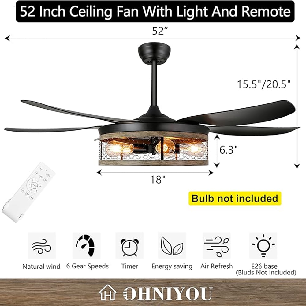 Ohniyou 52" Caged Farmhouse Ceiling Fan with Lights and Remote 6 Blades Fandalier Indoor Outdoor Ceiling Fans for Patio Living Room Kitchen, Black