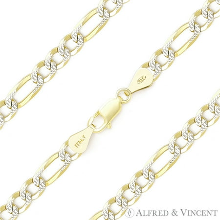 5mm Figaro Link D-Cut Pave Italian Chain Bracelet in .925 Sterling Silver w/ 14k Yellow Gold