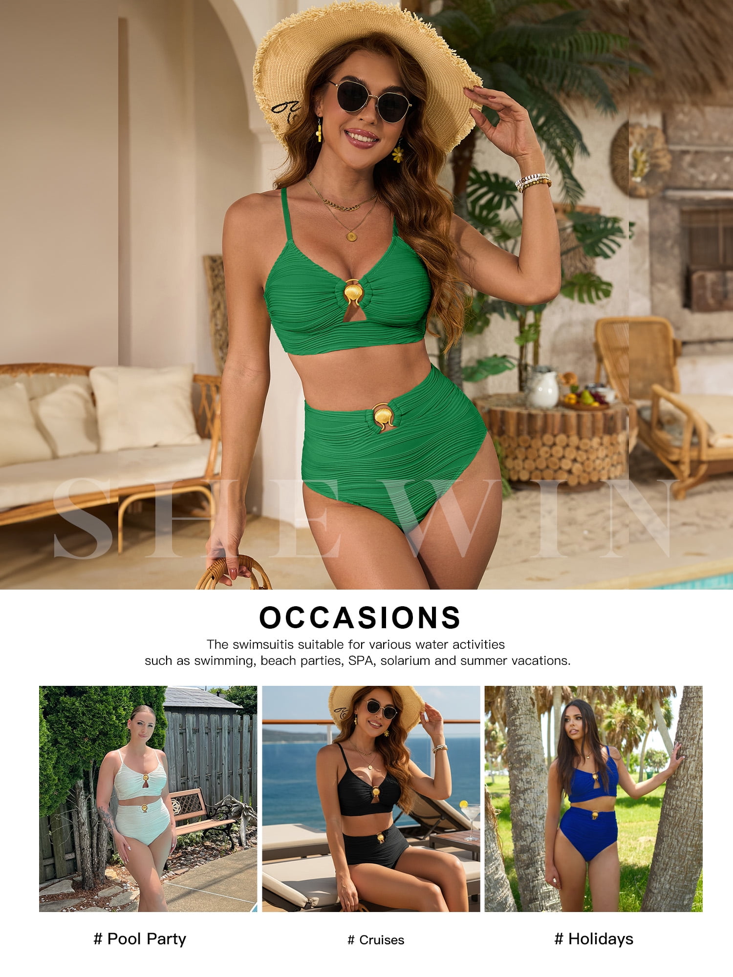SHEWIN Swimsuit for Women 2 Piece Bathing Suits High Waist Bikini Sets Texture Swimming Suits Full Coverage Beach Essentials Green L