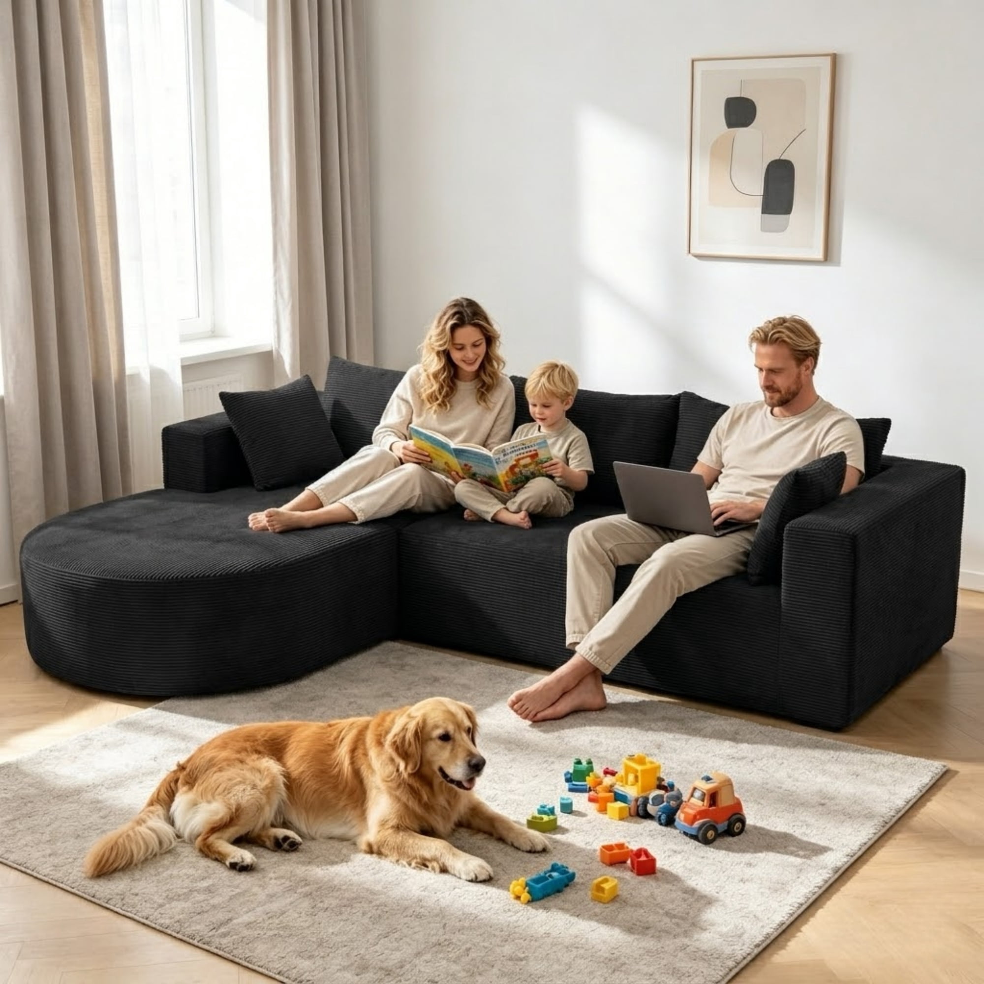 ShiKeyi 105" Modular L-Shaped Cloud Sofa, 3-Seater Corduroy Sectional Couch with Deep Seats Chaise, Soft Boneless Design for Living Room, Black (Right)