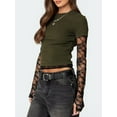 thumbnail image 3 of Women'S T-Shirt Slim Fit Lace Panel Sleeves Crop Top with Thumb Hole Round Neck Y2K Style for A Trendy Look  Green L, 3 of 5