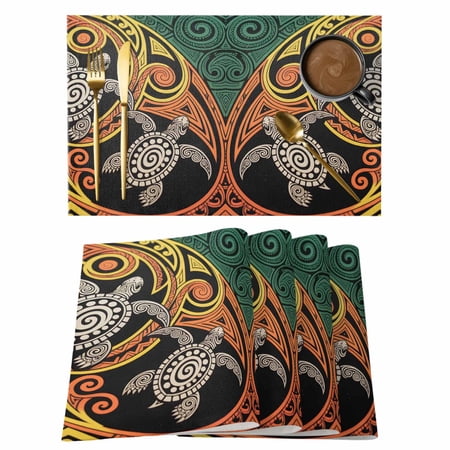 Polynesia Texture Placemats Set of 8 Abstract Traditional Tribe Sea Turtle Placemats for Dining Table Place Mats for Kitchen Tabletop Waterproof Wipeable Dining Table Mats Set