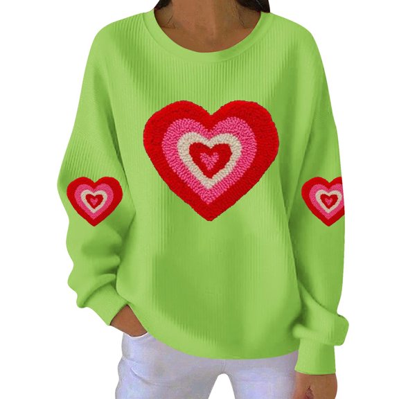 Stamzod Cute Sweatshirts for Women Long Sleeve Casual Valentine's Tops Trendy Fashion Womens Crewneck Sweatshirt Lover Heart Green B M