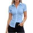 thumbnail image 2 of Karymi Workout Tops for Women Solid Ruched Waist Dress Shirt, Lapel Collar Short Sleeve Full Button Down Slim Fit Curved Hem Stretch Blouse Summer Tops, 2 of 6
