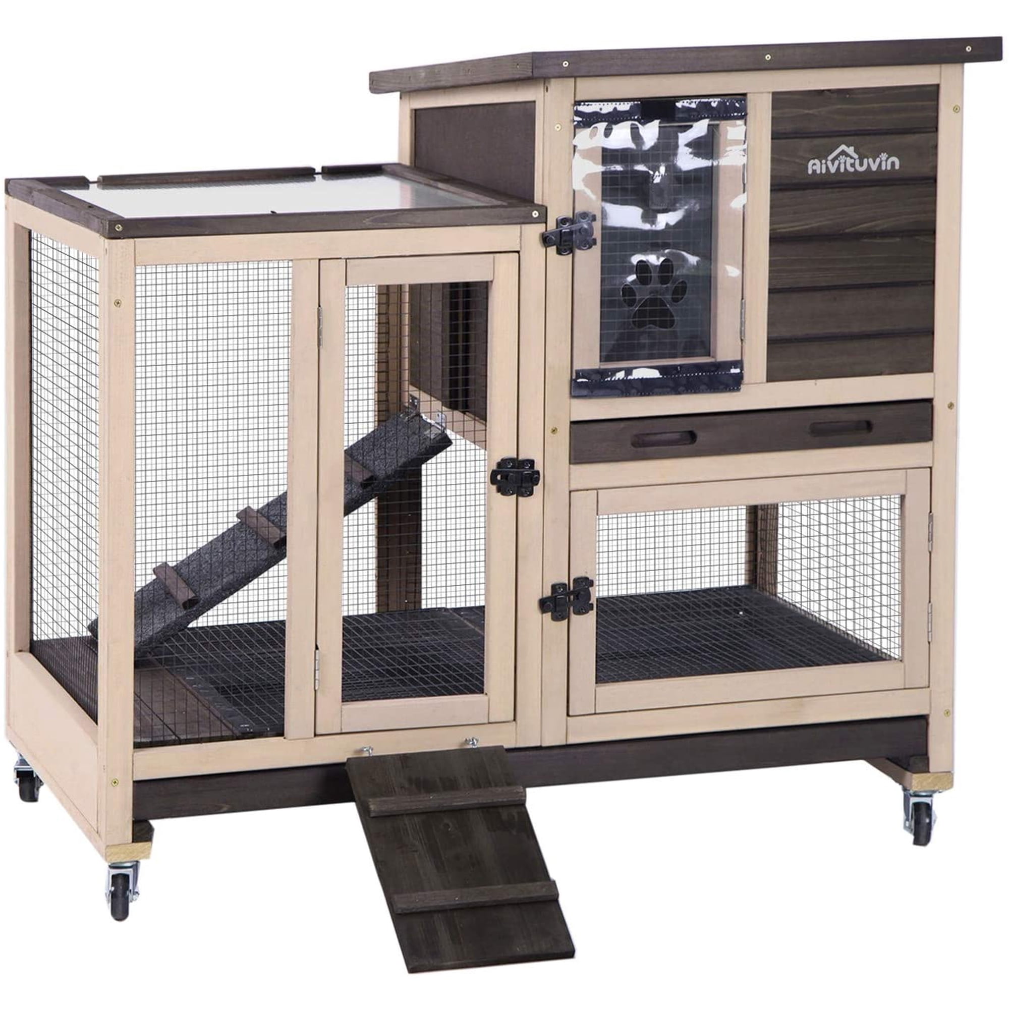 Upgrade Rabbit Cage Indoor Bunny Hutch with Run with Two Deeper No Leak Trays - 4 Casters Include for Outdoor (Coffee)
