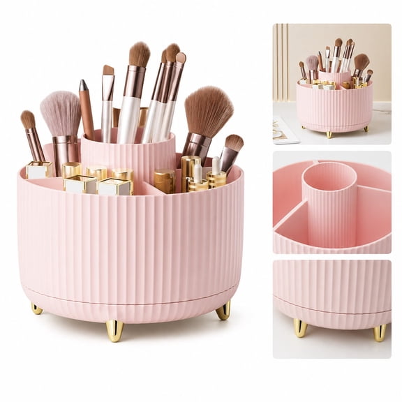 360 Degree Rotating Makeup Brush Holder, Desktop Cosmetic Organizer for Brushes Lipsticks and Eyeshadows, Pink Vanity Display