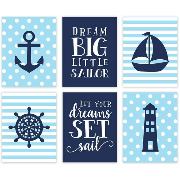 Koyal Wholesale Nautical Theme Nursery Hanging Wall Art, Baby Blue Stripes Dots, Dream Big, Let Your Dreams Set Sail