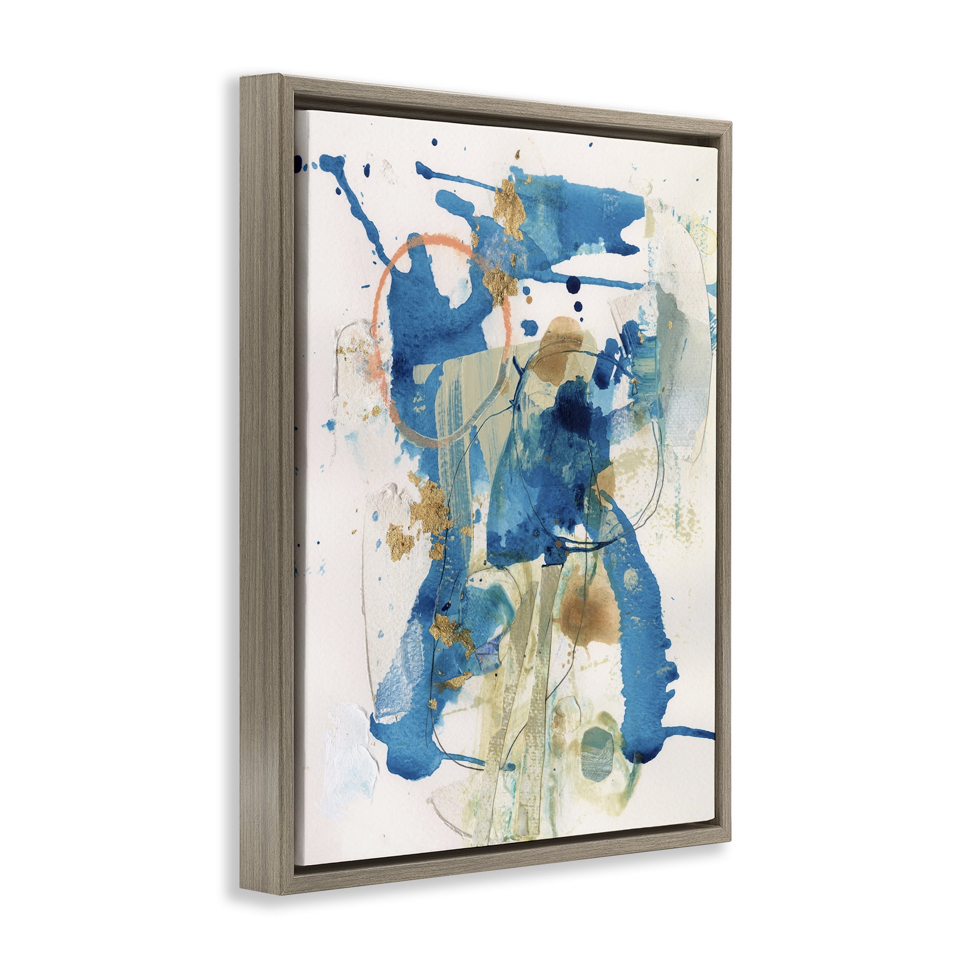 Stupell Industries Blue Chaotic Splash Abstract Painting Brown Floater Framed Canvas Art Print Wall Art, 25 x 31