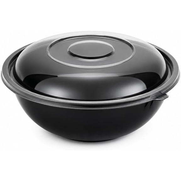 EcoQuality Black Plastic Round Disposable Serving Bowl 320oz with Clear Dome Lid (5)