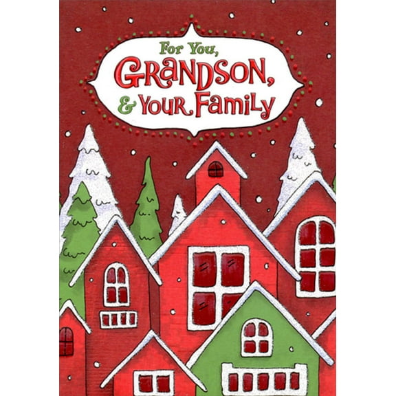 Designer Greetings Sparkling White Rooftops on Red and Green Houses Christmas Card for Grandson and Family