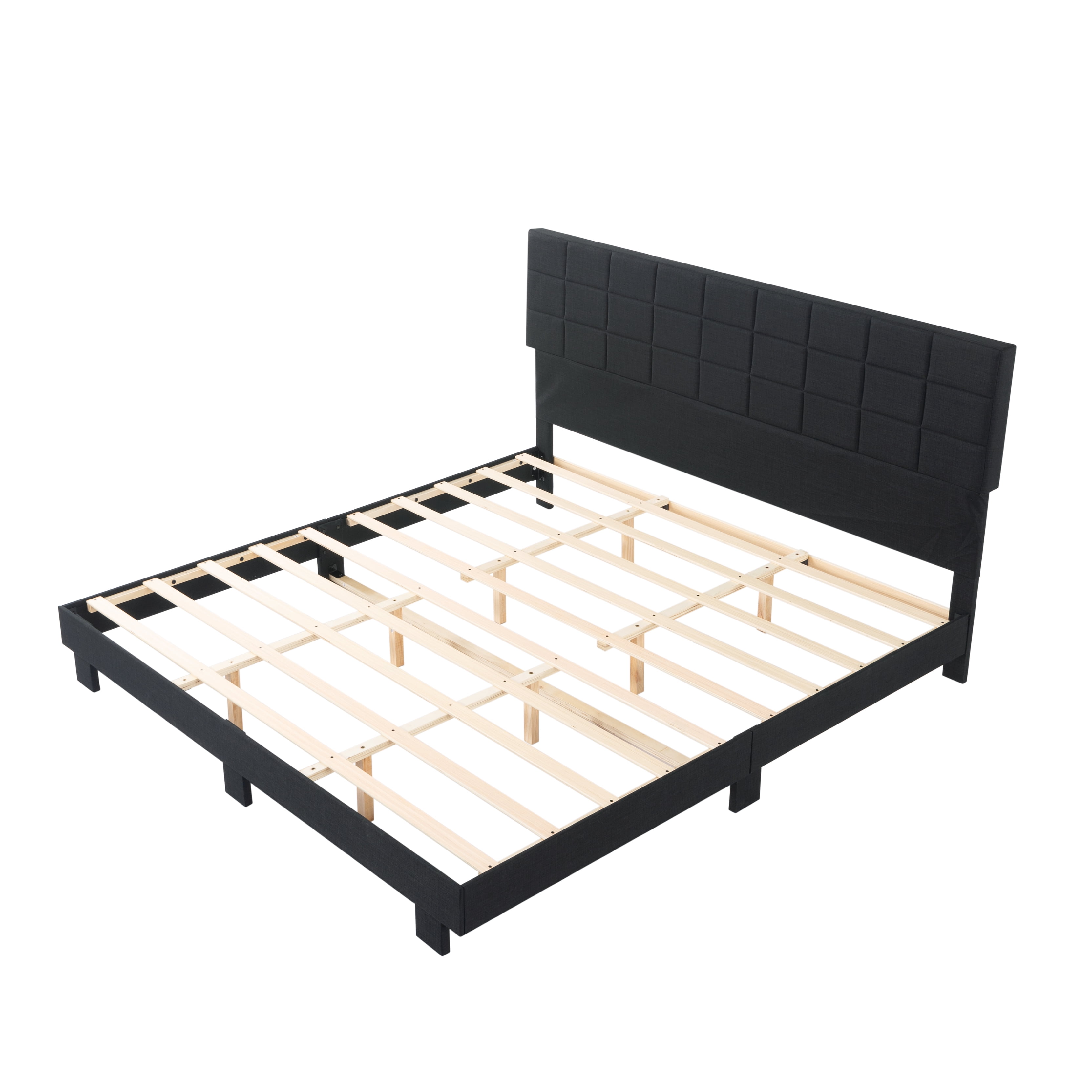 Gewnee King Size Platform Bed Frame with Linen Upholstered Headboard, Wood Slats, No Box Spring Needed, Black