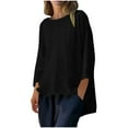 thumbnail image 3 of Pxxlle Cotton Linen Tops for Women Plus Size Crewneck T Shirts Solid Color Long Sleeve Loose Shirts Black M, 3 of 10