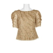 Adrianna Papell Boat Neck Short Sleeve Zipper Back Embellished Mesh Top-CHAMPAGNE GOLD / 2