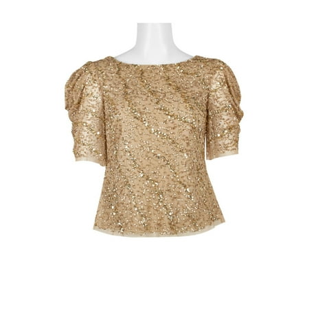 Adrianna Papell Boat Neck Short Sleeve Zipper Back Embellished Mesh Top-CHAMPAGNE GOLD / 2