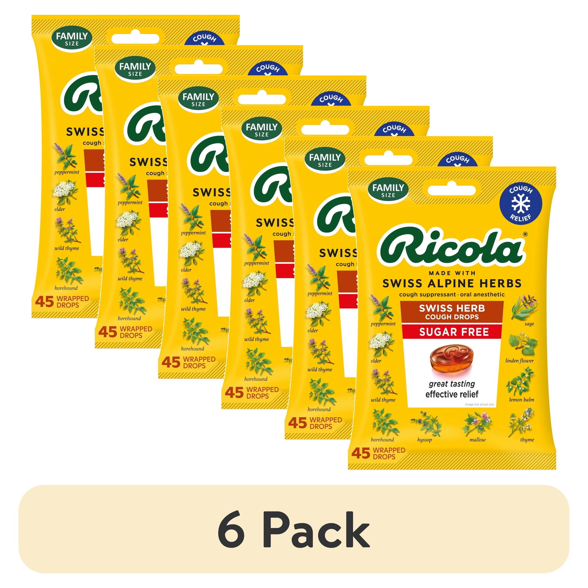 (6 pack) Ricola Sugar-Free Original Herb Cough Drops, Throat Relief & Cough Suppressant, 45 Count
