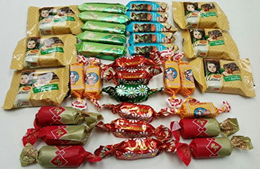 Assorted Russian Candy (Alenka, Grilyazh, Batonchik, Korovka, Romashka, Honey Mishka Grilyazh). Includes Our Exclusive HolanDeli Chocolate Mints