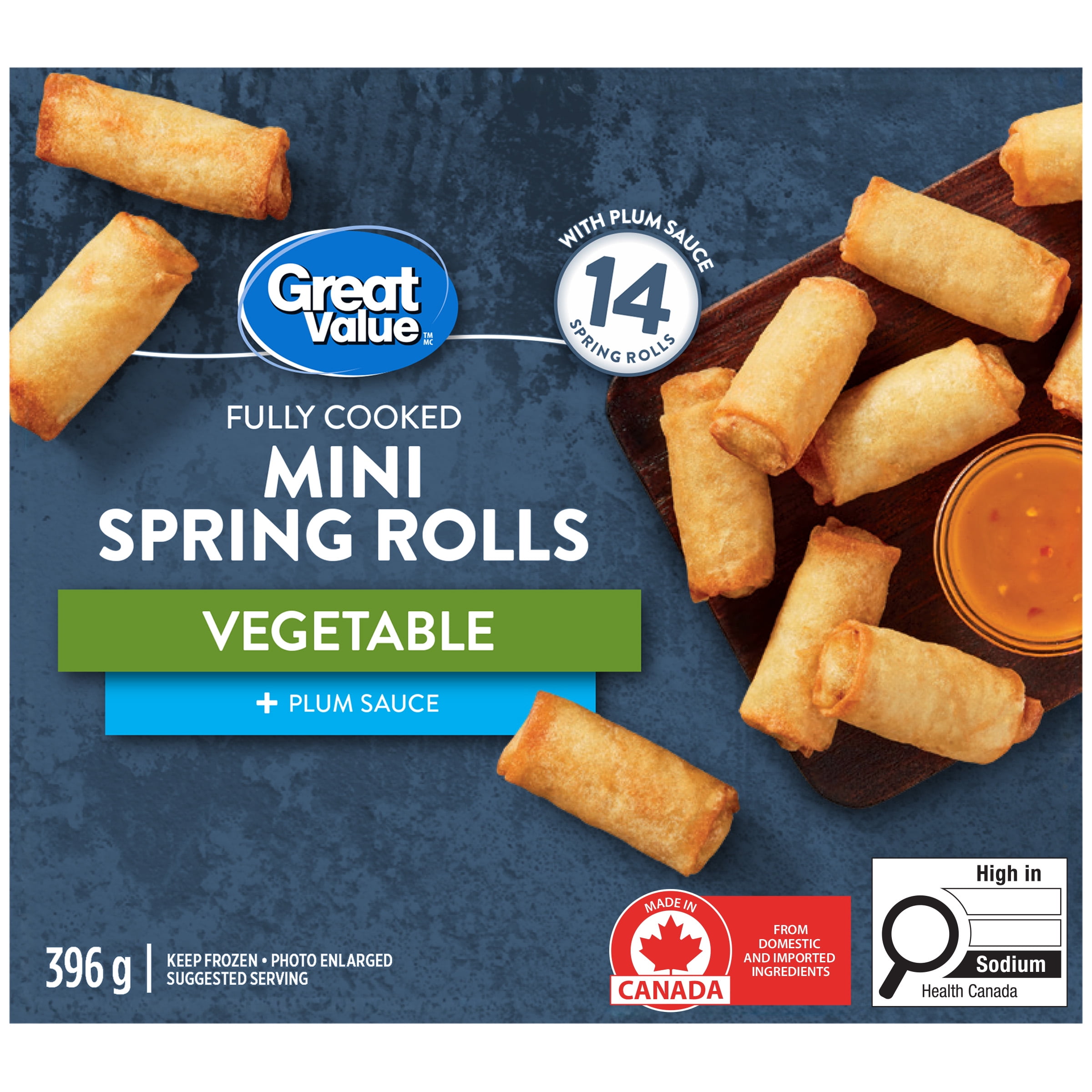 Great Value Fully Cooked Mini Vegetable Spring Rolls with Plum Sauce, 396 g, 14 spring rolls