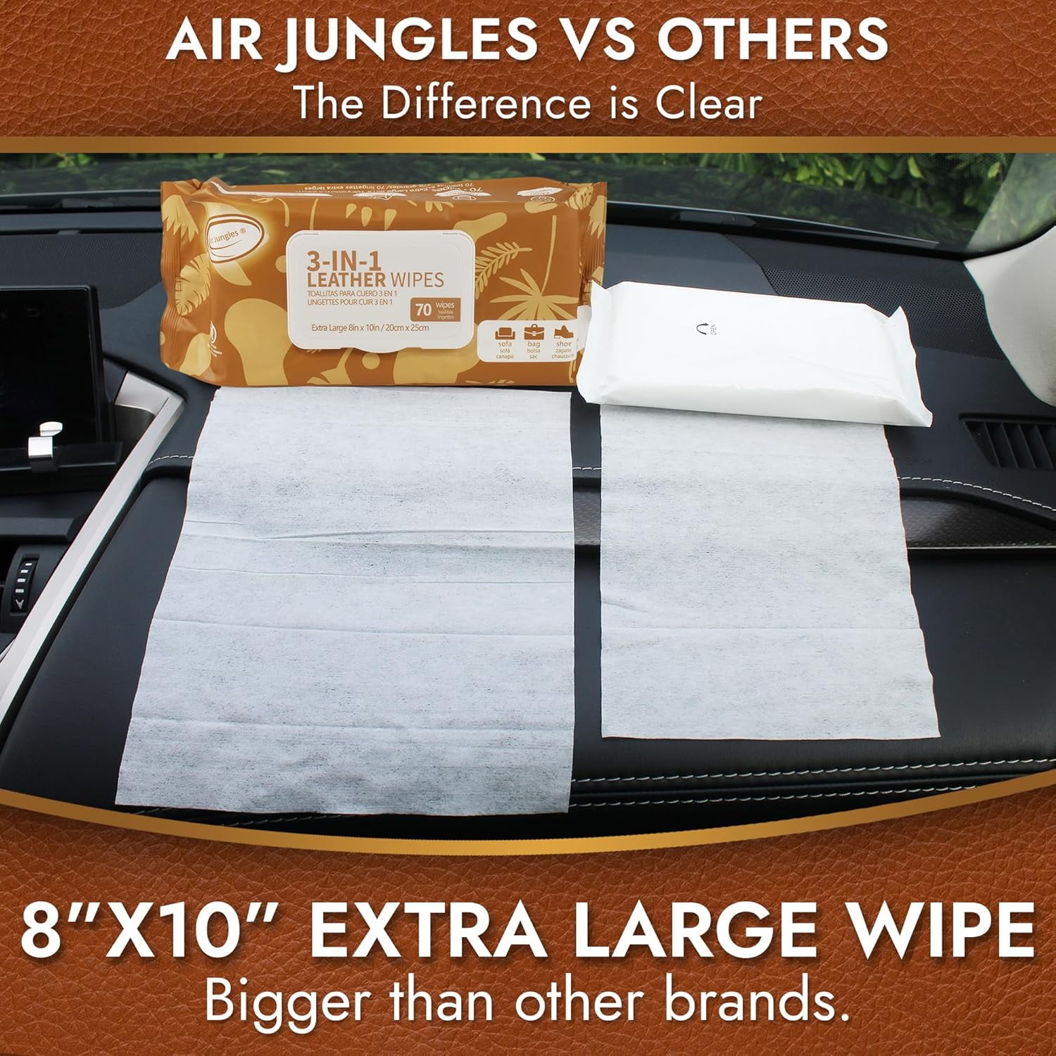 Air Jungles 3in1 Leather Cleaner Wipes 70 Count (Pack of 2), Extra Large 8" x 10" Size, Clean Condition Protect Wipes for Vinyl and Leather Apparel Furniture Auto Car Interior Shoes Boots Bags