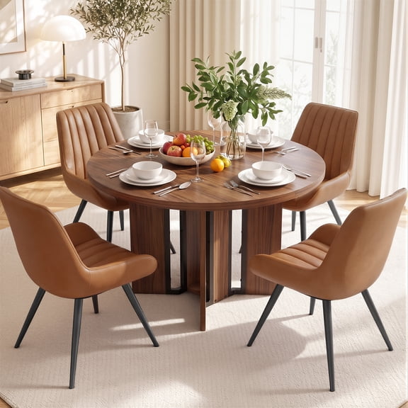 Hawsaiy 5 Piece 39.4" Round Dining Table Set for 4, Small Space Kitchen Table with 4 Upholstered Chairs, Farmhouse Dining Set with Metal Legs(Walnut Brown)