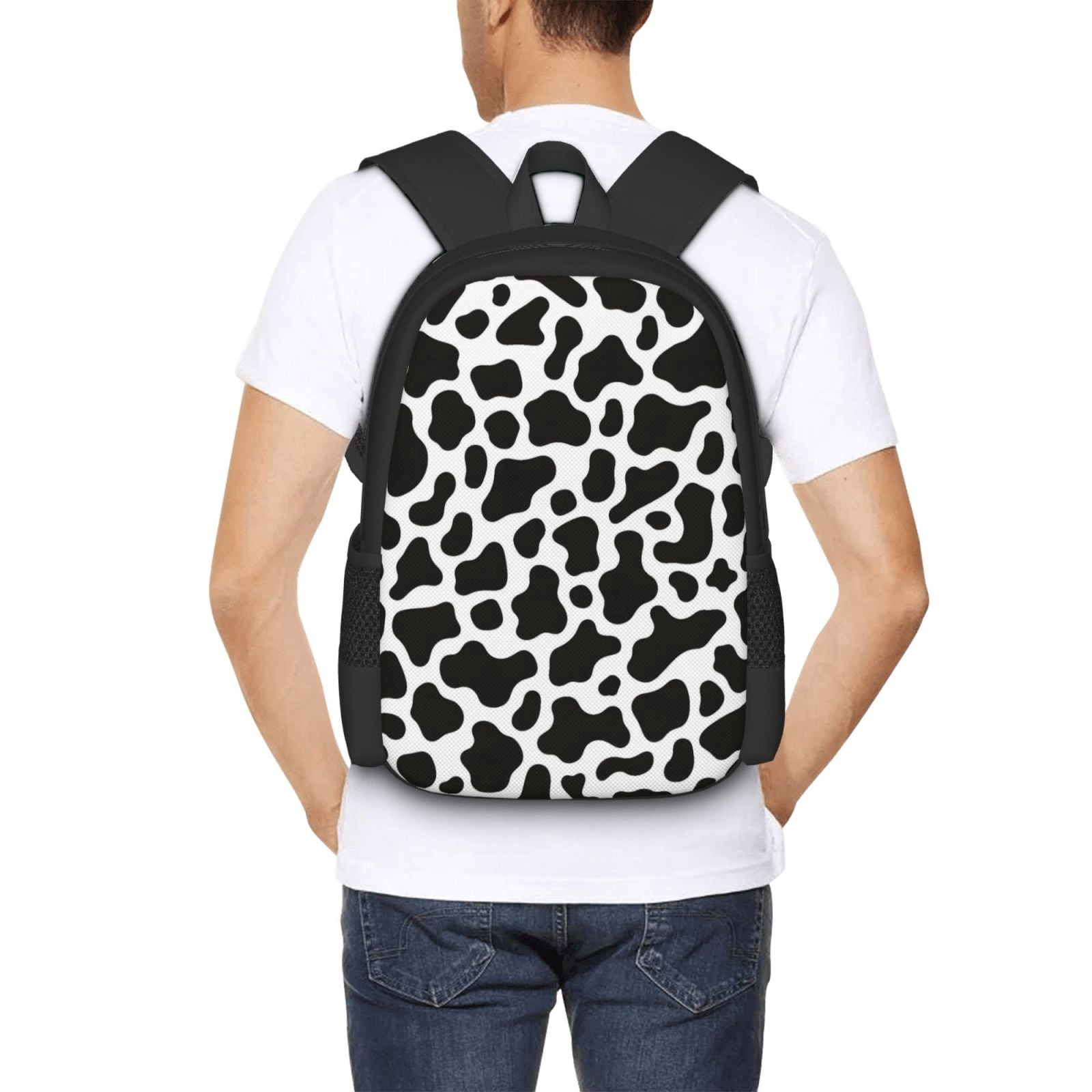 Large Capacity Backpack 16.5×12.5×5.5in Widened Shoulder Strap Design Main Bag Large Top Handle Belt Adjustable Shoulder Strap Black White Cow Print