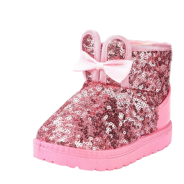 DHFJKG Snow Boots For Girl Glitter Ankle Boots Winter Insulated Fuzzy Lining With Cute Rabbit Ears Design Toddlers Kids Stylish Shoes