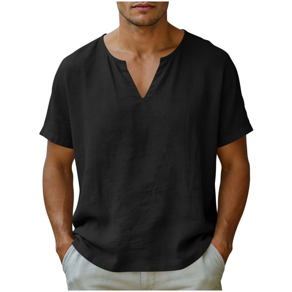 cfhntfmh Men's Linen T-Shirts V Neck Casual Loose Beach Shirts Summer Lightweight Cotton Short Sleeve Basic Vacation Tops