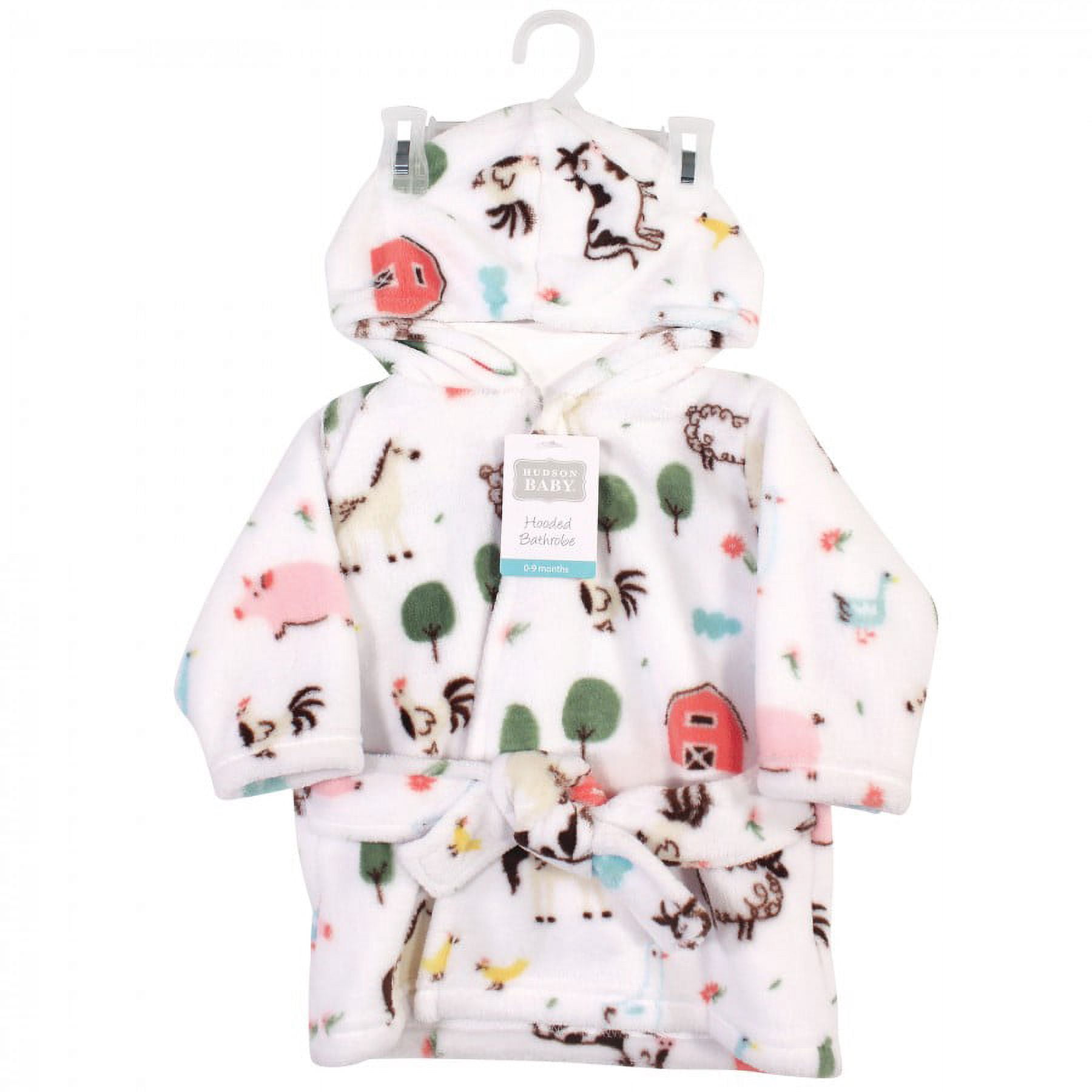 Hudson Baby Infant Girl Plush Animal Face Bathrobe, Girl Farm Animals, 0-9 Months